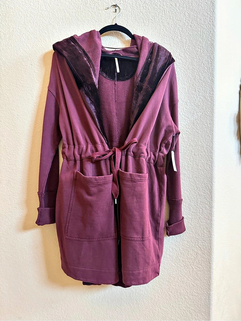 Free People Dark Berry Velvet Trim Hooded Cardigan Jacket NWT Size S - Picture 3 of 16